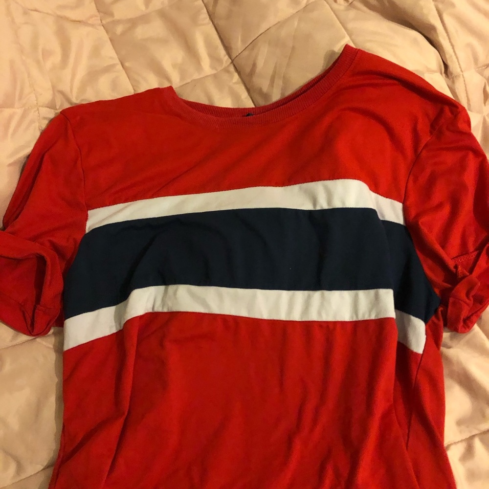 red, blue, white shirt